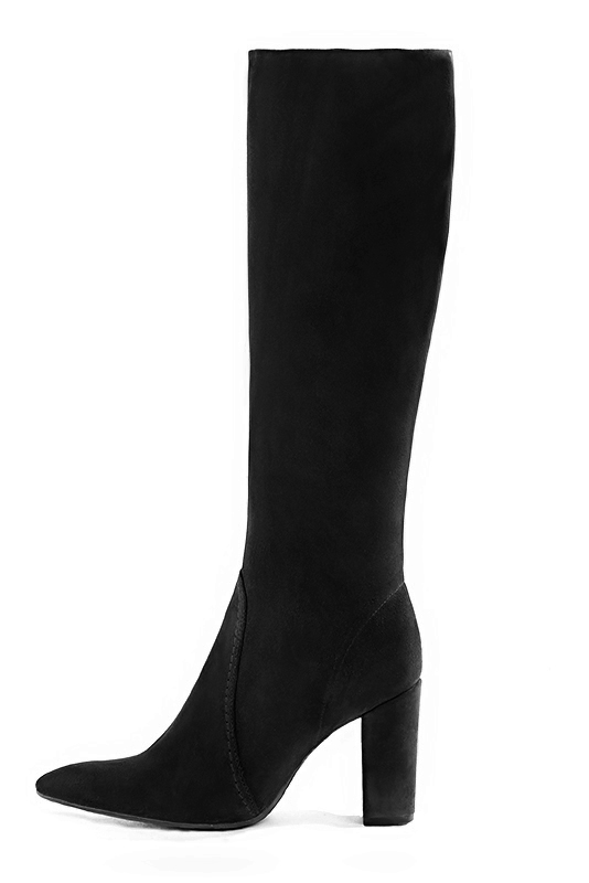 Matt black women's feminine knee-high boots. Tapered toe. Very high block heels. Made to measure. Profile view - Florence KOOIJMAN